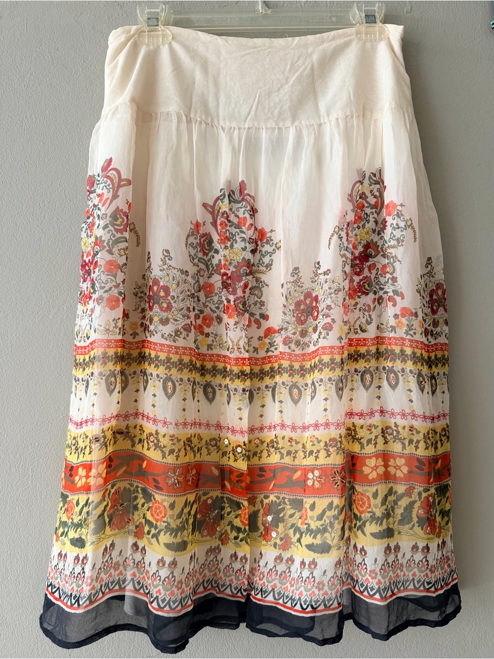 Floral Border Tiered Midi Skirt - White with Yellow & Orange Print
